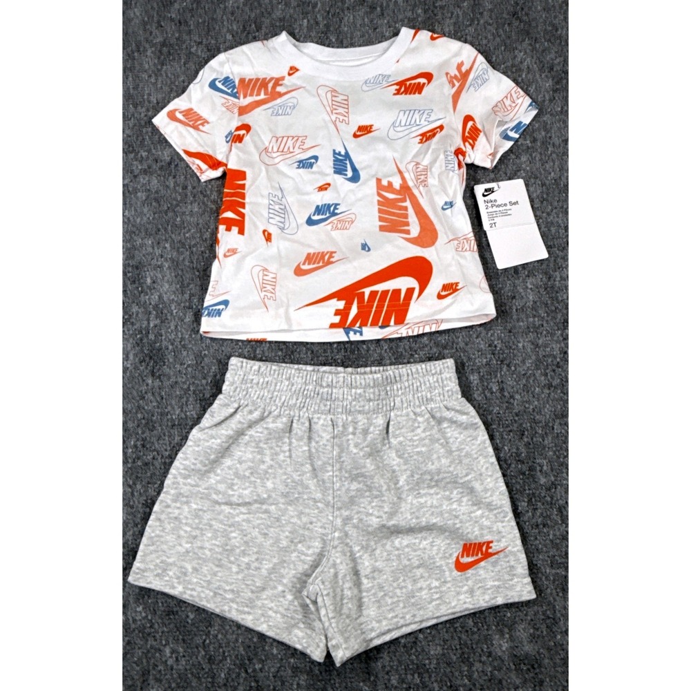 Nike Toddler 2PC Set T-Shirt Shorts White Orange Gray 76N043-GAK 2T NWT